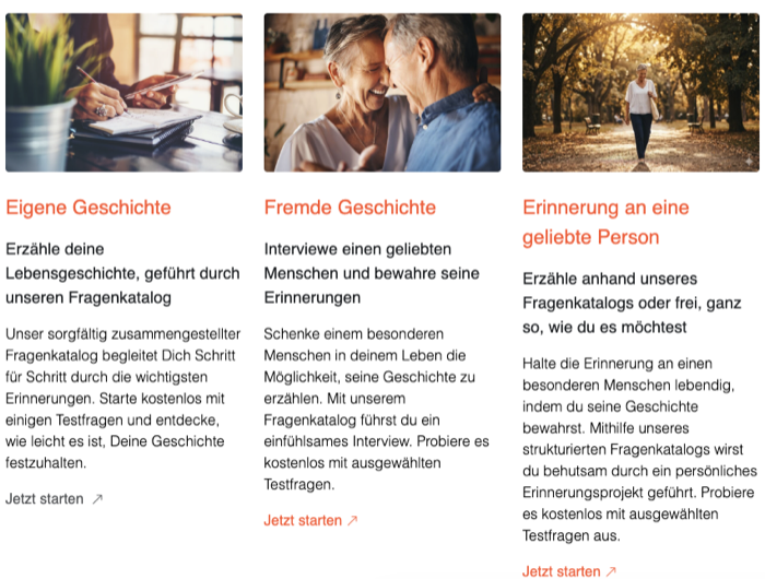 Les trois catalogues de questions e-mem, ta propre histoire, l'histoire d'un proche ou le souvenir d'un être cher